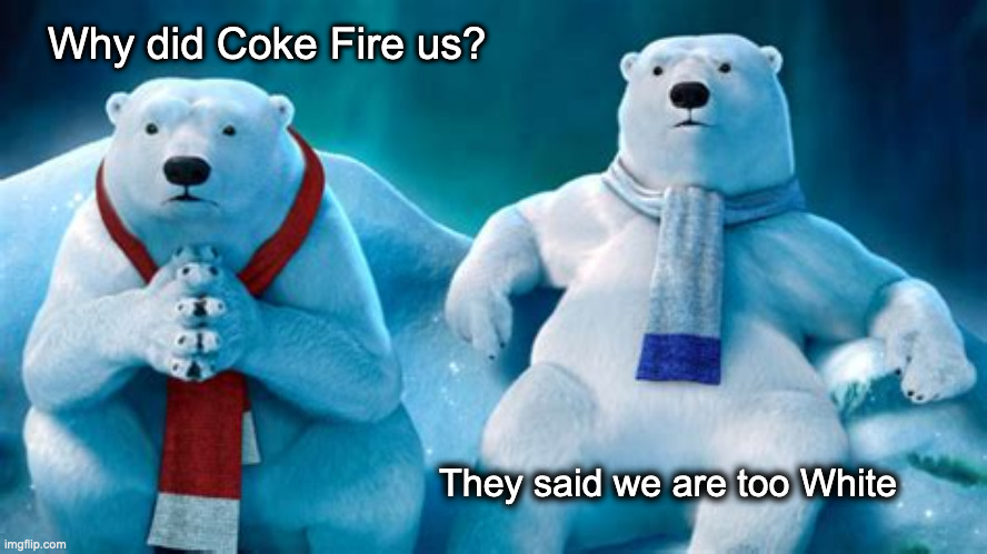 Unemployed. Coke goes Grizzly |  Why did Coke Fire us? They said we are too White | image tagged in coca cola,polar bears,unemployment | made w/ Imgflip meme maker