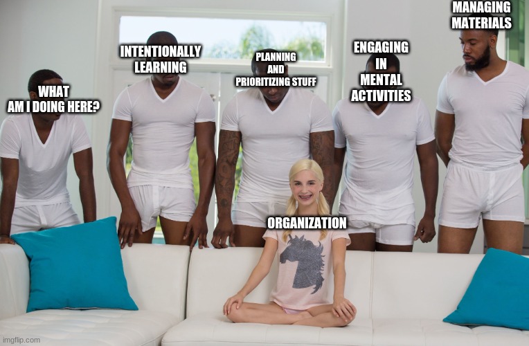 I had to do this for schoo lol | MANAGING MATERIALS; INTENTIONALLY LEARNING; PLANNING AND PRIORITIZING STUFF; ENGAGING IN MENTAL ACTIVITIES; WHAT AM I DOING HERE? ORGANIZATION | image tagged in gang bang | made w/ Imgflip meme maker
