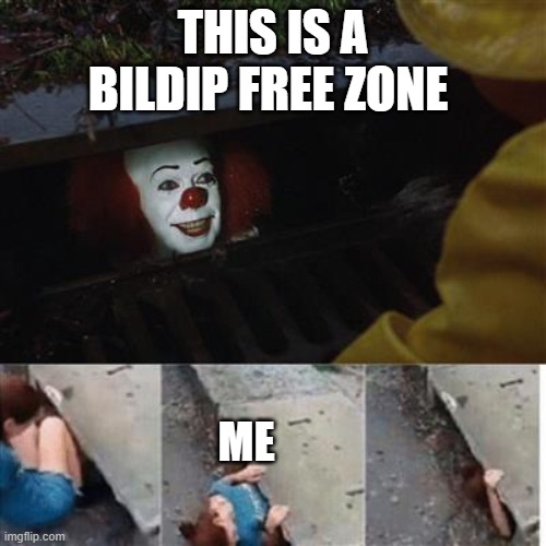 bildip freezone! Bildip free zone!!BILDIP FREE ZONE!!!! | THIS IS A BILDIP FREE ZONE; ME | image tagged in pennywise in sewer | made w/ Imgflip meme maker