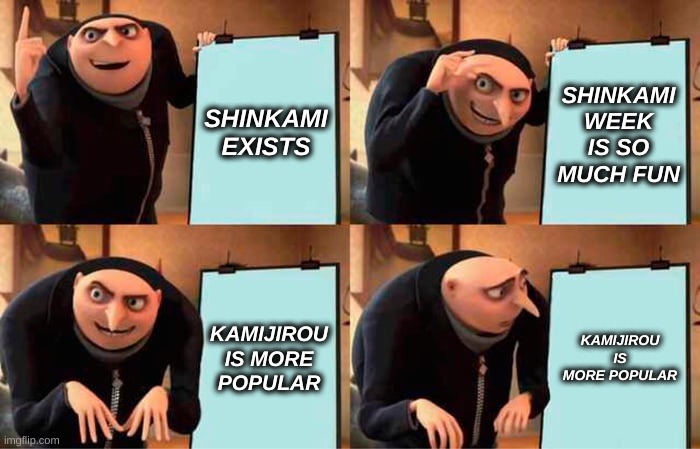 Gru's Plan Meme | SHINKAMI EXISTS; SHINKAMI WEEK IS SO MUCH FUN; KAMIJIROU IS MORE POPULAR; KAMIJIROU IS MORE POPULAR | image tagged in memes,gru's plan | made w/ Imgflip meme maker