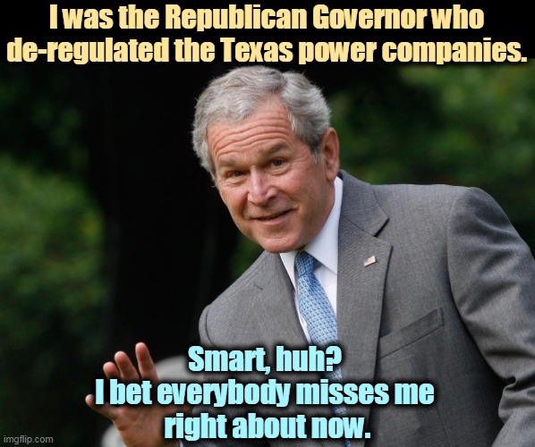 I guess that showed 'em. | I was the Republican Governor who de-regulated the Texas power companies. Smart, huh? 
I bet everybody misses me 
right about now. | image tagged in george w bush,texas,stupid,arrogant,incompetence | made w/ Imgflip meme maker