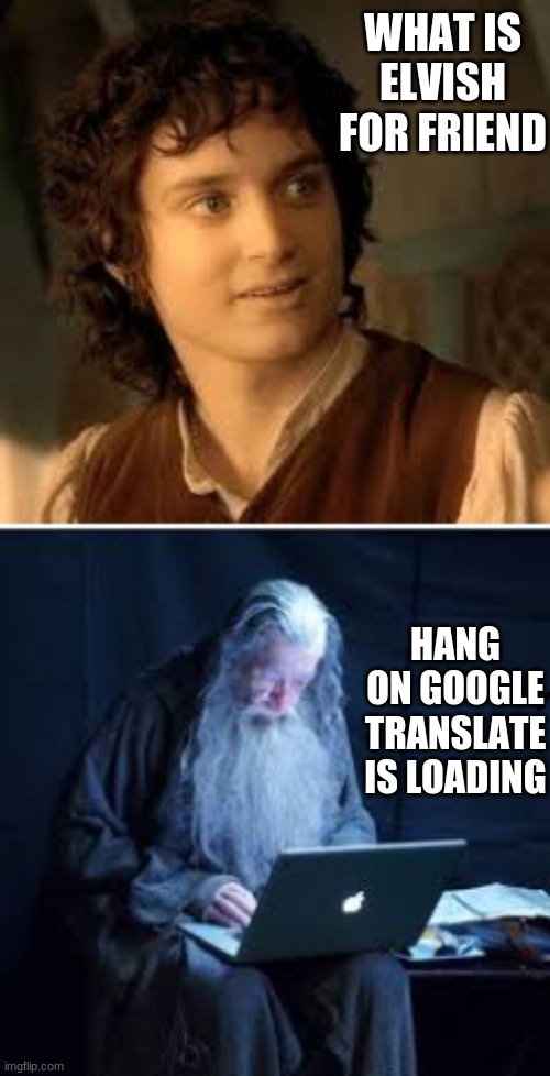 Gandalf the google | WHAT IS ELVISH FOR FRIEND; HANG ON GOOGLE TRANSLATE IS LOADING | image tagged in funny stuff | made w/ Imgflip meme maker