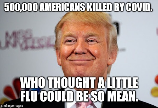 Trumpvirus...more than a little flu | 500,000 AMERICANS KILLED BY COVID. WHO THOUGHT A LITTLE FLU COULD BE SO MEAN. | image tagged in donald trump,covid,covidiots,trump supporters,maga,conservatives | made w/ Imgflip meme maker