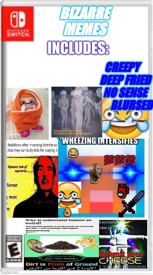 unsee juice please... | INCLUDES:; BIZARRE MEMES; CREEPY    DEEP FRIED   NO SENSE         BLURSED | image tagged in blank switch game,memes,funny,nintendo,never gonna give you up,rick rolled | made w/ Imgflip meme maker