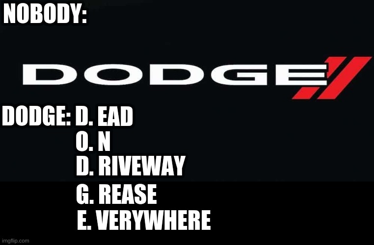 D.O.D.G.E | NOBODY:; DODGE: D. EAD; O. N; D. RIVEWAY; G. REASE; E. VERYWHERE | image tagged in dodge | made w/ Imgflip meme maker
