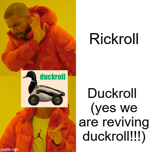Drake Is A Drake (In The Original Sense of the Word) And Wants To Revive Duckroll. | Rickroll; Duckroll 
(yes we are reviving duckroll!!!) | image tagged in memes,drake hotline bling | made w/ Imgflip meme maker