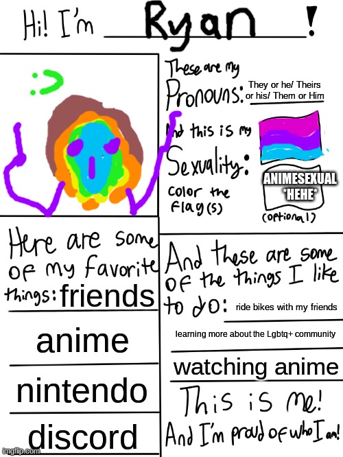 Lgbtq stream account profile | They or he/ Theirs or his/ Them or Him; ANIMESEXUAL *HEHE*; friends; ride bikes with my friends; anime; learning more about the Lgbtq+ community; watching anime; nintendo; discord | image tagged in lgbtq stream account profile | made w/ Imgflip meme maker