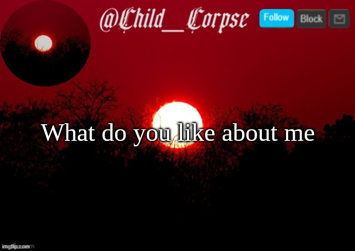 Child_Corpse announcement template | What do you like about me | image tagged in child_corpse announcement template | made w/ Imgflip meme maker