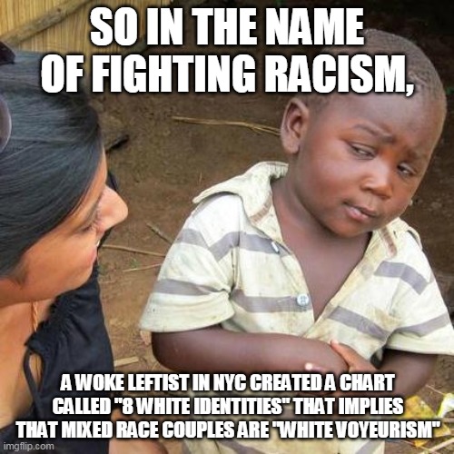 Third World Skeptical Kid Meme | SO IN THE NAME OF FIGHTING RACISM, A WOKE LEFTIST IN NYC CREATED A CHART CALLED "8 WHITE IDENTITIES" THAT IMPLIES THAT MIXED RACE COUPLES ARE "WHITE VOYEURISM" | image tagged in memes,third world skeptical kid | made w/ Imgflip meme maker