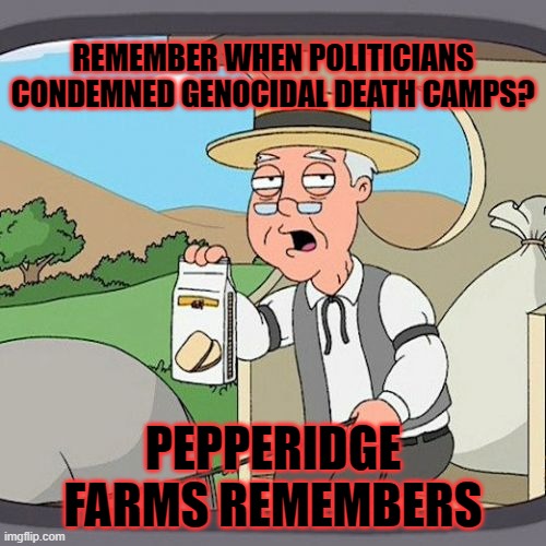 Pepperidge Farm Remembers Meme | REMEMBER WHEN POLITICIANS CONDEMNED GENOCIDAL DEATH CAMPS? PEPPERIDGE FARMS REMEMBERS | image tagged in memes,pepperidge farm remembers | made w/ Imgflip meme maker