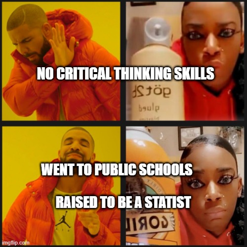 Gorilla Glue Girl | NO CRITICAL THINKING SKILLS; WENT TO PUBLIC SCHOOLS                               RAISED TO BE A STATIST | image tagged in gorilla glue girl | made w/ Imgflip meme maker