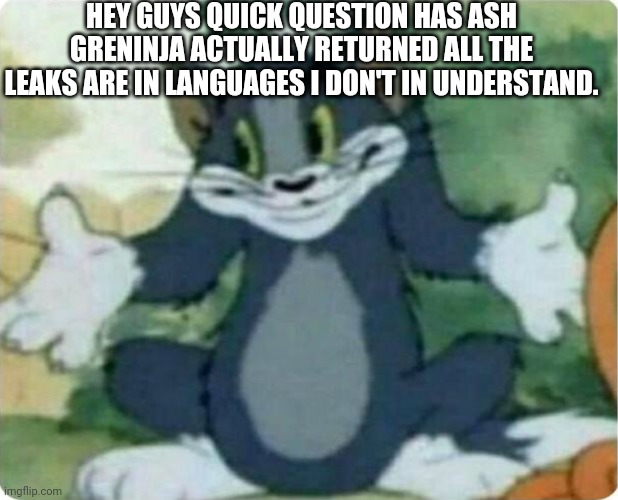 I only speak English. | HEY GUYS QUICK QUESTION HAS ASH GRENINJA ACTUALLY RETURNED ALL THE LEAKS ARE IN LANGUAGES I DON'T IN UNDERSTAND. | image tagged in tom shrugging | made w/ Imgflip meme maker
