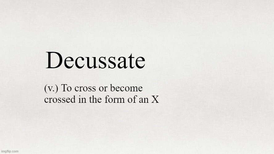 Decussate; (v.) To cross or become crossed in the form of an X | made w/ Imgflip meme maker