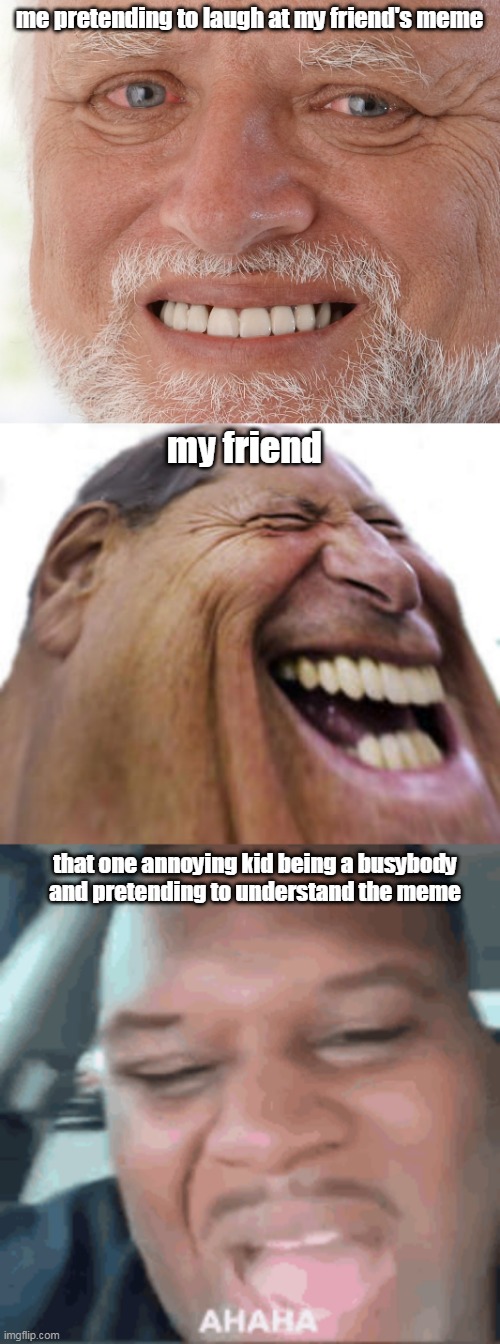 that always happens to me | me pretending to laugh at my friend's meme; my friend; that one annoying kid being a busybody and pretending to understand the meme | image tagged in hide the pain harold | made w/ Imgflip meme maker