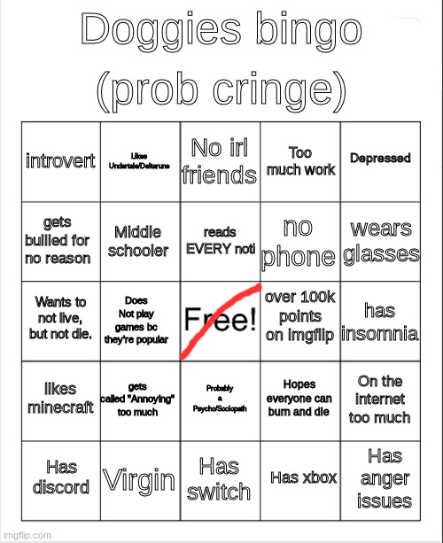 Blank Bingo | (prob cringe); Doggies bingo; No irl friends; Likes Undertale/Deltarune; Depressed; introvert; Too much work; wears glasses; reads EVERY noti; gets bullied for no reason; no phone; Middle schooler; over 100k points on imgflip; Wants to not live, but not die. has insomnia; Does Not play games bc they're popular; likes minecraft; gets called "Annoying" too much; On the internet too much; Hopes everyone can burn and die; Probably a Psycho/Sociopath; Virgin; Has anger issues; Has discord; Has switch; Has xbox | image tagged in blank bingo | made w/ Imgflip meme maker