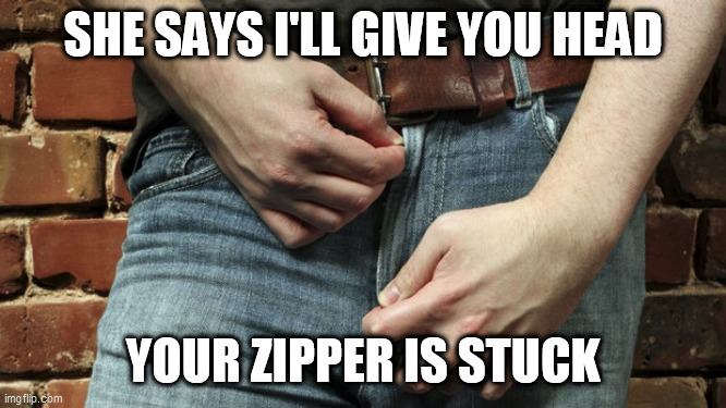 zipper | SHE SAYS I'LL GIVE YOU HEAD; YOUR ZIPPER IS STUCK | image tagged in zipper | made w/ Imgflip meme maker