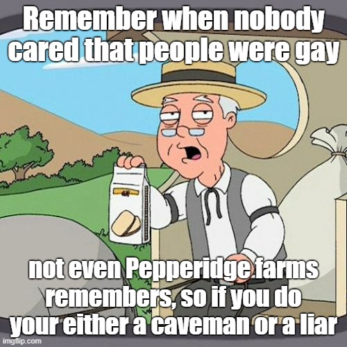 Pepperidge Farm Remembers | Remember when nobody cared that people were gay; not even Pepperidge farms remembers, so if you do your either a caveman or a liar | image tagged in memes,pepperidge farm remembers | made w/ Imgflip meme maker