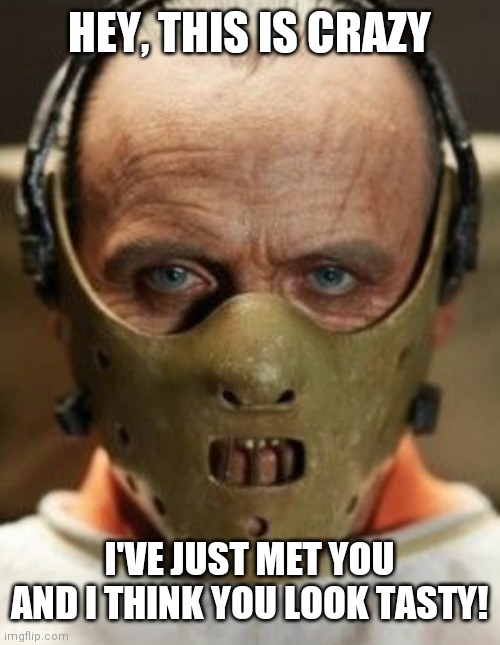 HEY, THIS IS CRAZY; I'VE JUST MET YOU
AND I THINK YOU LOOK TASTY! | image tagged in hannibal lecter | made w/ Imgflip meme maker