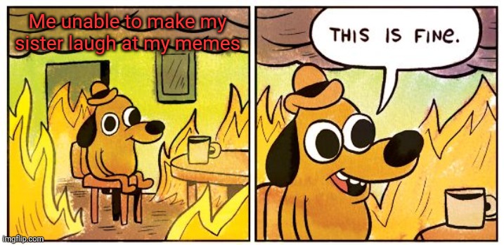 This Is Fine | Me unable to make my sister laugh at my memes | image tagged in memes,this is fine | made w/ Imgflip meme maker