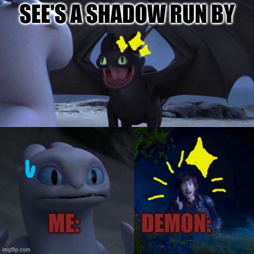 night fury | SEE'S A SHADOW RUN BY; ME:               DEMON: | image tagged in night fury | made w/ Imgflip meme maker