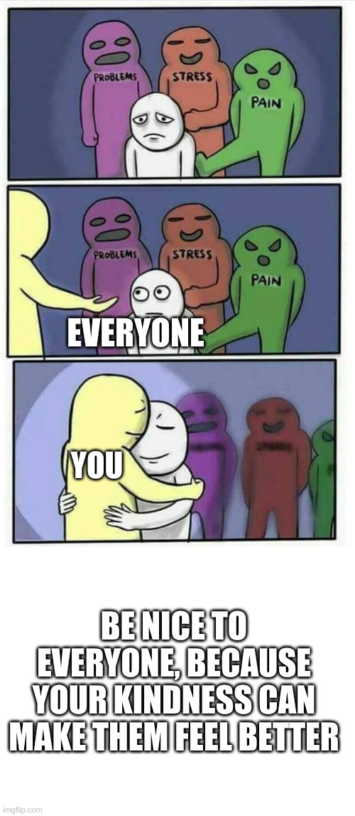 everyone has problems | EVERYONE; YOU; BE NICE TO EVERYONE, BECAUSE YOUR KINDNESS CAN MAKE THEM FEEL BETTER | image tagged in hug meme,blank white template | made w/ Imgflip meme maker