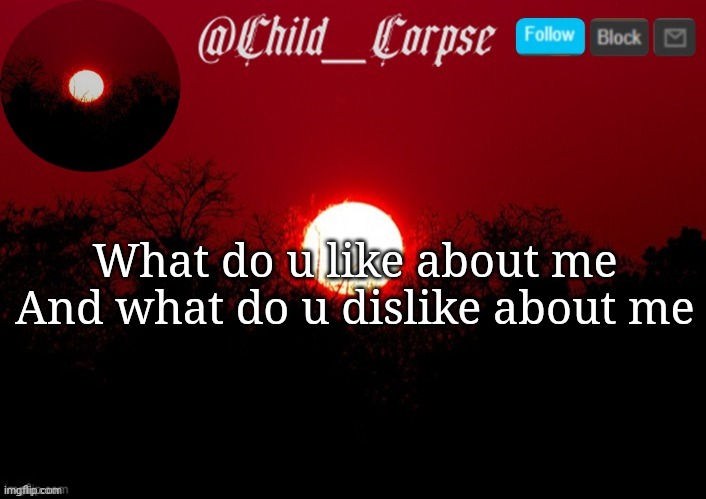Child_Corpse announcement template | What do u like about me And what do u dislike about me | image tagged in child_corpse announcement template | made w/ Imgflip meme maker