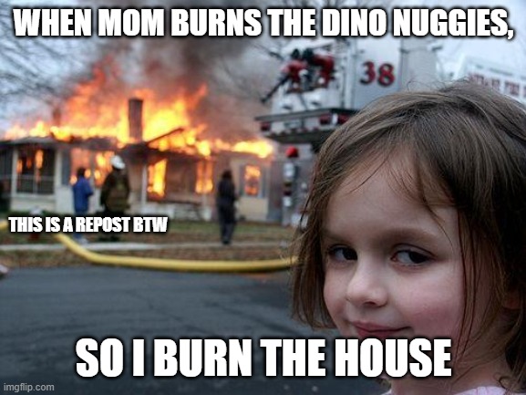 This is a repost of one of my memes that didn't do well. | WHEN MOM BURNS THE DINO NUGGIES, THIS IS A REPOST BTW; SO I BURN THE HOUSE | image tagged in memes,disaster girl | made w/ Imgflip meme maker