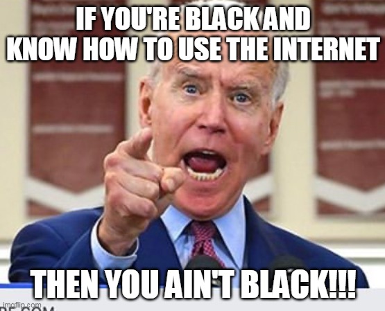 Joe Biden no malarkey | IF YOU'RE BLACK AND KNOW HOW TO USE THE INTERNET; THEN YOU AIN'T BLACK!!! | image tagged in joe biden no malarkey | made w/ Imgflip meme maker