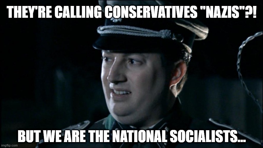 How about we just stop using labels? | THEY'RE CALLING CONSERVATIVES "NAZIS"?! BUT WE ARE THE NATIONAL SOCIALISTS... | image tagged in are we the baddies,nazi,socialism,conservative,label,left | made w/ Imgflip meme maker