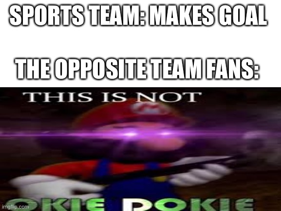 SPORTS |  SPORTS TEAM: MAKES GOAL; THE OPPOSITE TEAM FANS: | image tagged in sports,this is not okie dokie | made w/ Imgflip meme maker