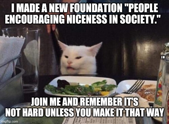 Salad cat | I MADE A NEW FOUNDATION "PEOPLE ENCOURAGING NICENESS IN SOCIETY."; J M; JOIN ME AND REMEMBER IT'S NOT HARD UNLESS YOU MAKE IT THAT WAY | image tagged in salad cat | made w/ Imgflip meme maker