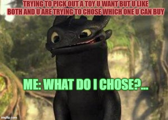 Toothless | TRYING TO PICK OUT A TOY U WANT BUT U LIKE BOTH AND U ARE TRYING TO CHOSE WHICH ONE U CAN BUY; ME: WHAT DO I CHOSE?... | image tagged in toothless | made w/ Imgflip meme maker
