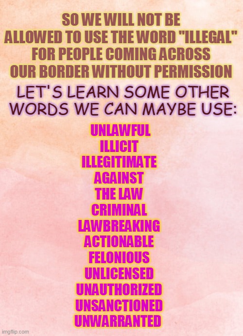 SO WE WILL NOT BE ALLOWED TO USE THE WORD "ILLEGAL" FOR PEOPLE COMING ACROSS OUR BORDER WITHOUT PERMISSION; LET'S LEARN SOME OTHER WORDS WE CAN MAYBE USE:; UNLAWFUL
ILLICIT
ILLEGITIMATE
AGAINST THE LAW
CRIMINAL
LAWBREAKING
ACTIONABLE
FELONIOUS
UNLICENSED
UNAUTHORIZED
UNSANCTIONED
UNWARRANTED | made w/ Imgflip meme maker