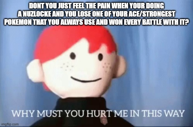 why must you hurt me in this way | DONT YOU JUST FEEL THE PAIN WHEN YOUR DOING A NUZLOCKE AND YOU LOSE ONE OF YOUR ACE/STRONGEST POKEMON THAT YOU ALWAYS USE AND WON EVERY BATTLE WITH IT? | image tagged in why must you hurt me in this way | made w/ Imgflip meme maker