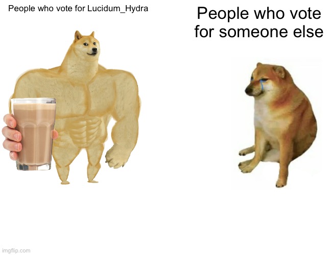 We have choccy milk | People who vote for Lucidum_Hydra; People who vote for someone else | image tagged in memes,buff doge vs cheems | made w/ Imgflip meme maker