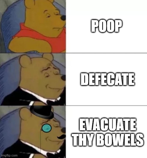 Fancy Pooh | POOP; DEFECATE; EVACUATE THY BOWELS | image tagged in fancy pooh | made w/ Imgflip meme maker