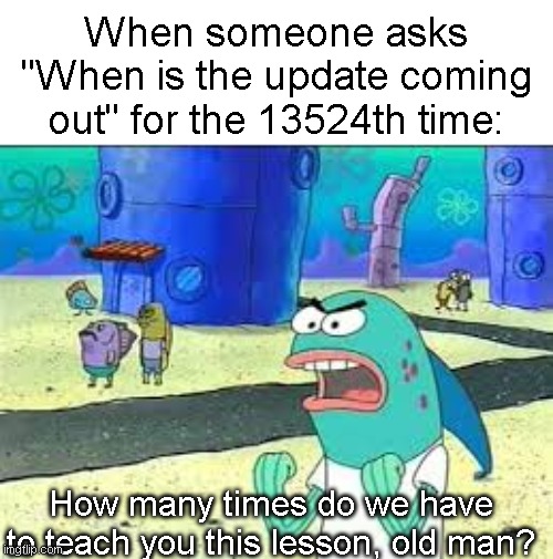 When someone asks when next update | When someone asks "When is the update coming out" for the 13524th time:; How many times do we have to teach you this lesson, old man? | image tagged in how many time do i have to teach you this lesson old man | made w/ Imgflip meme maker