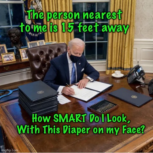 Biden Executive Orders | The person nearest to me is 15 feet away; MRA; How SMART Do I Look, With This Diaper on my Face? | image tagged in biden executive orders | made w/ Imgflip meme maker