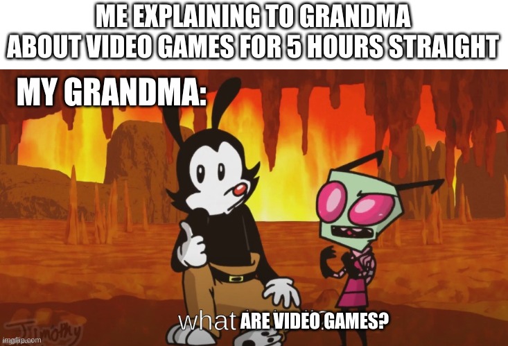 What are video games lol | ME EXPLAINING TO GRANDMA ABOUT VIDEO GAMES FOR 5 HOURS STRAIGHT; MY GRANDMA:; ARE VIDEO GAMES? | image tagged in what is hell | made w/ Imgflip meme maker