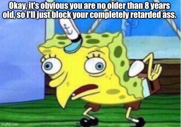 Mocking Spongebob Meme | Okay, it's obvious you are no older than 8 years old, so I'll just block your completely retarded ass. | image tagged in memes,mocking spongebob | made w/ Imgflip meme maker