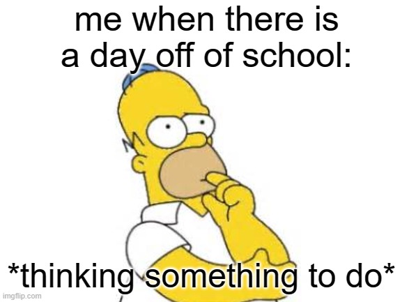 besides on being on the laptop all day | me when there is a day off of school:; *thinking something to do* | image tagged in homer simpson,nothing to do,relate | made w/ Imgflip meme maker