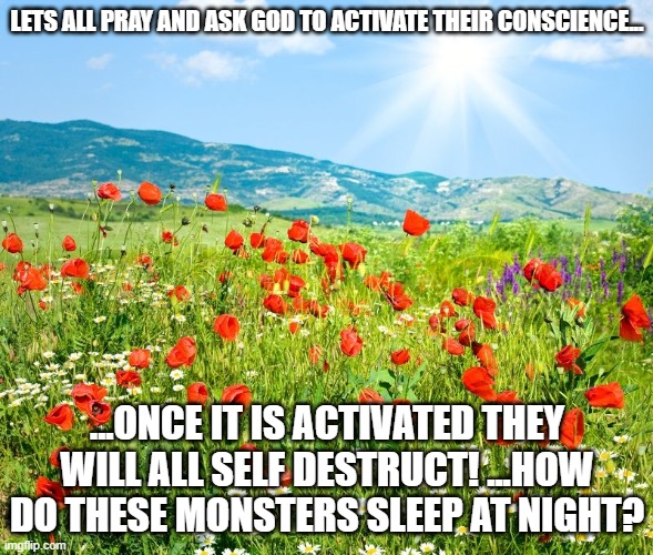 HE WILL ANSWER IF WE PRAY!!! | LETS ALL PRAY AND ASK GOD TO ACTIVATE THEIR CONSCIENCE... ...ONCE IT IS ACTIVATED THEY WILL ALL SELF DESTRUCT! ...HOW DO THESE MONSTERS SLEEP AT NIGHT? | image tagged in poetic landscape | made w/ Imgflip meme maker
