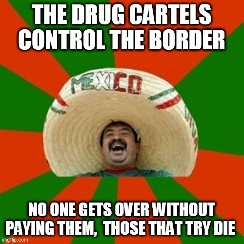 succesful mexican | THE DRUG CARTELS CONTROL THE BORDER; NO ONE GETS OVER WITHOUT PAYING THEM,  THOSE THAT TRY DIE | image tagged in succesful mexican | made w/ Imgflip meme maker