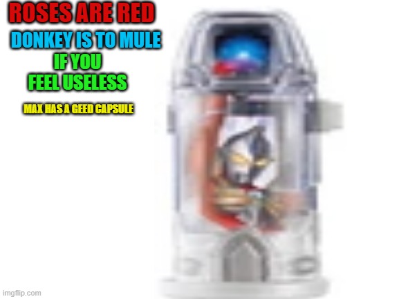 roses are red | ROSES ARE RED; DONKEY IS TO MULE; IF YOU FEEL USELESS; MAX HAS A GEED CAPSULE | image tagged in blank white template,memes,funny,roses are red,tokusatsu | made w/ Imgflip meme maker