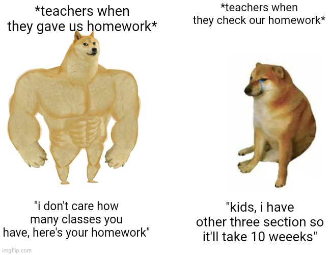 its so true -_- | *teachers when they check our homework*; *teachers when they gave us homework*; "i don't care how many classes you have, here's your homework"; "kids, i have other three section so it'll take 10 weeeks" | image tagged in memes,buff doge vs cheems | made w/ Imgflip meme maker