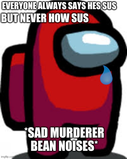 SAD BEAN | EVERYONE ALWAYS SAYS HES SUS; BUT NEVER HOW SUS; *SAD MURDERER BEAN NOISES* | image tagged in wow,so true | made w/ Imgflip meme maker