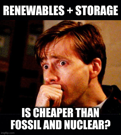 the conservatard nightmare came true years ago | RENEWABLES + STORAGE; IS CHEAPER THAN FOSSIL AND NUCLEAR? | image tagged in concerned sean intensifies,concerned look,doomed,renewable energy,conservative hypocrisy,blackout | made w/ Imgflip meme maker