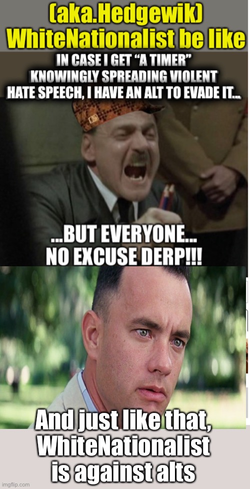 And just like that, WhiteNationalist is against free-speech AND alts | And just like that,
WhiteNationalist is against alts | made w/ Imgflip meme maker