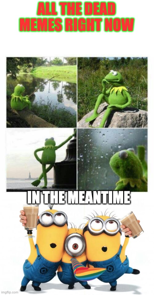 sad life dead memes | ALL THE DEAD MEMES RIGHT NOW; IN THE MEANTIME | image tagged in kermit sad montage compilation,choccy milk,dead memes | made w/ Imgflip meme maker