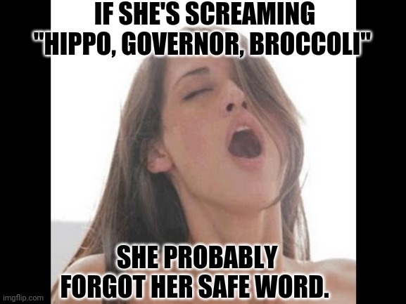moaning woman |  IF SHE'S SCREAMING "HIPPO, GOVERNOR, BROCCOLI"; SHE PROBABLY FORGOT HER SAFE WORD. | image tagged in moaning woman | made w/ Imgflip meme maker